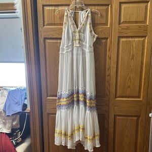 Ramy Brook White Maxi Coverup with Yellow & Purple Embroidery